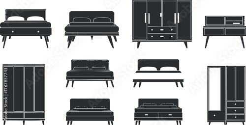 Collection of modern bedroom furniture silhouettes including beds, wardrobes, and dressers.
