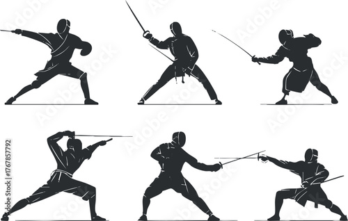Dynamic silhouettes of martial artists demonstrating various sword fighting techniques and stances