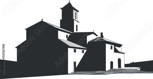 Silhouette of a historical church building against a clear sky showcasing architectural features.