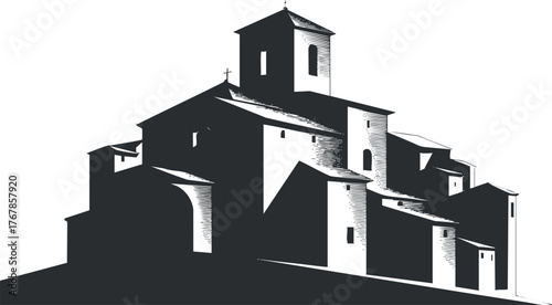 An artistic silhouette of a historical church building against a white background.