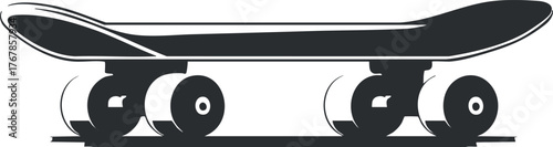 A side view illustration of a skateboard highlighting its wheels and deck design.