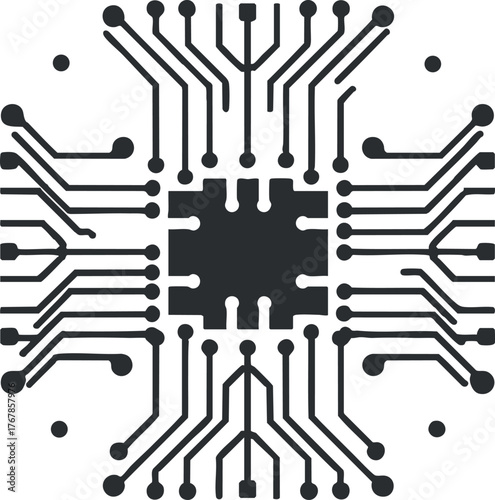 An abstract illustration of a microchip design showcasing intricate circuit patterns and connections.