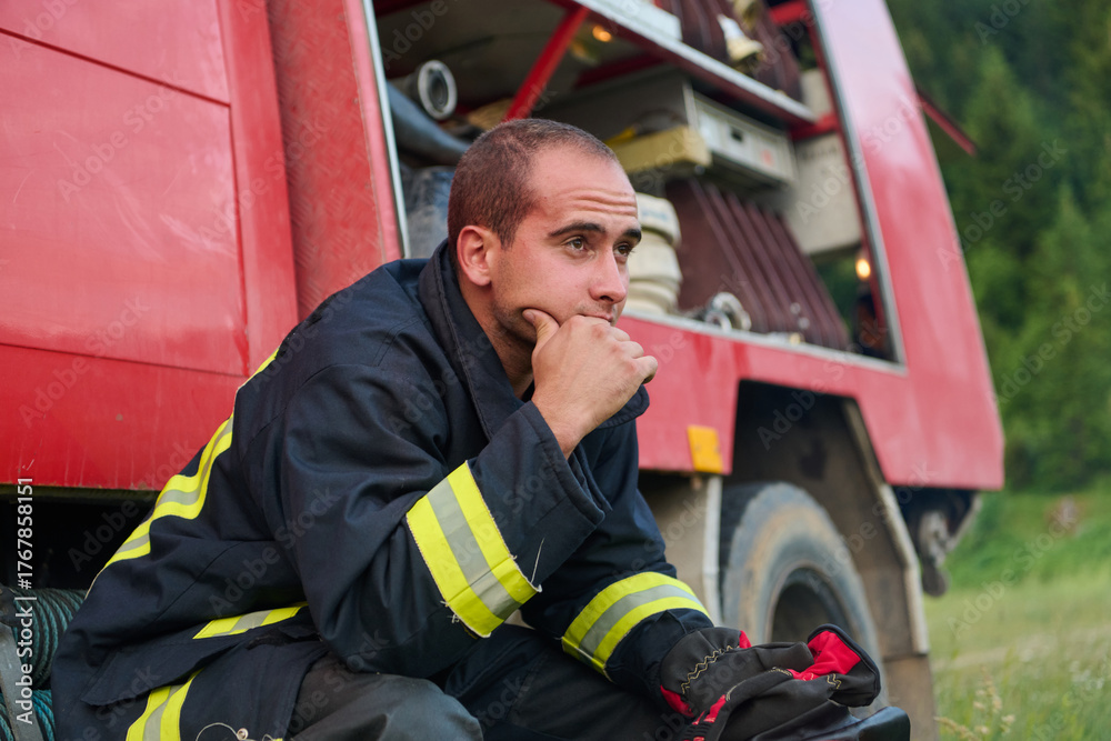 Fototapeta premium Thoughtful Firefighter in Uniform Sits on Firetruck, Contemplating Rescue Operations, Emergency Services, Fire Safety, Training, and Community Support, Surrounded by Nature