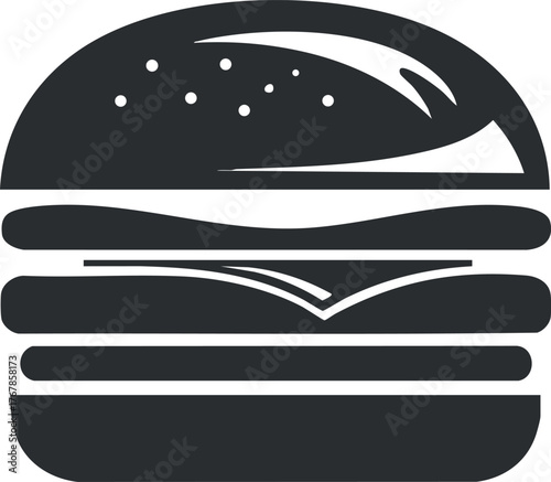 A stylized illustration of a hamburger featuring layers of bun cheese and patty