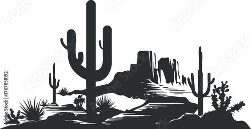 Silhouette of a desert landscape featuring cacti and rock formations in black and white.