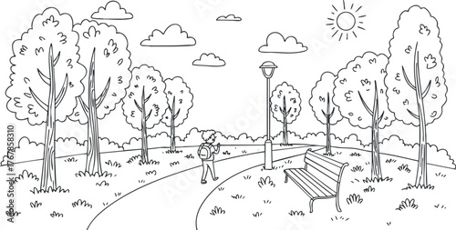 A serene park scene featuring trees, a pathway, a bench, and a person enjoying nature.