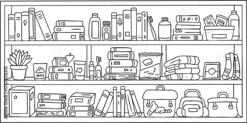 A detailed line art illustration of a bookshelf filled with books and various items.