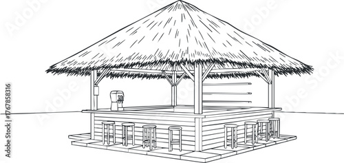 Illustration of a tropical building structure with a thatched roof and open floor plan.