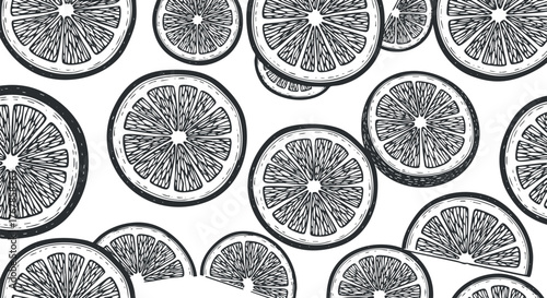 A seamless pattern of hand-drawn lemon slices in black and white illustration style.
