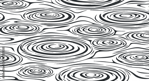 Abstract black and white pattern of concentric ripples and waves on a fluid surface.