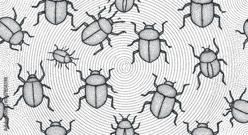 A stylized black and white pattern featuring repeating beetles arranged in a circular design.