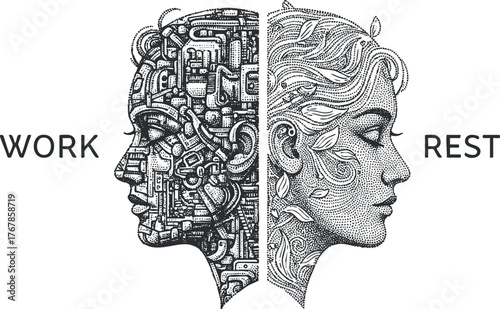 Illustration depicting the contrast between work and rest with intricate line art on faces.