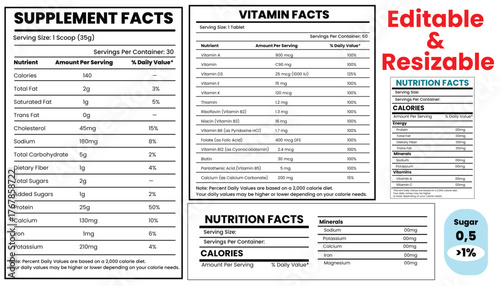nutrition facts, vitamin facts,  supplement facts, nutrition fact template, food label, supplement label