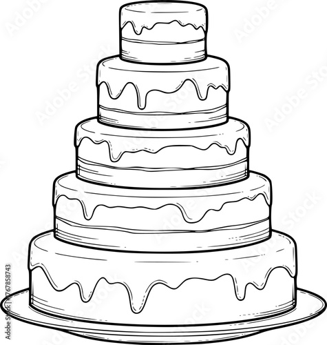 5 layer cake drawing. It is a black and white outline of a five-layer cake or tiered dessert, presenting a simple, minimal design. Vector sketch line art draw