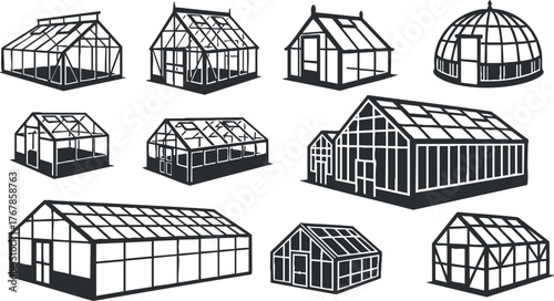 Various styles of greenhouses for gardening and agriculture showcasing different designs and structures.
