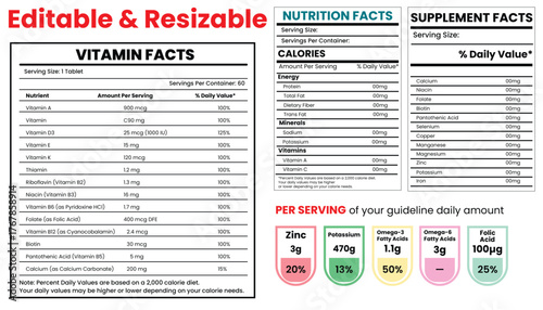 nutrition facts, vitamin facts,  supplement facts, nutrition fact template, food label, supplement label