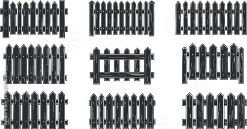 Collection of various black wooden picket fences designed for gardens and outdoor spaces.
