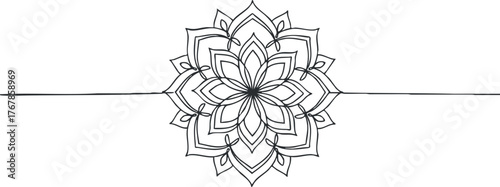 A black and white outline illustration of a symmetrical mandala flower design.