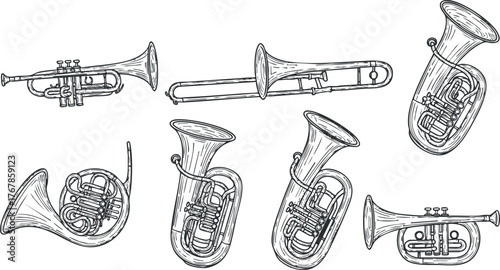 A collection of various brass instruments including trumpets tubas and trombones illustrated in a stylish design.
