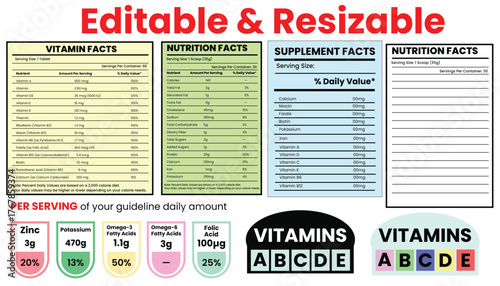 nutrition facts, vitamin facts,  supplement facts, nutrition fact template, food label, supplement label
