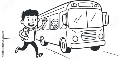 A cheerful boy waving at a bus while a friend looks on inside the vehicle.