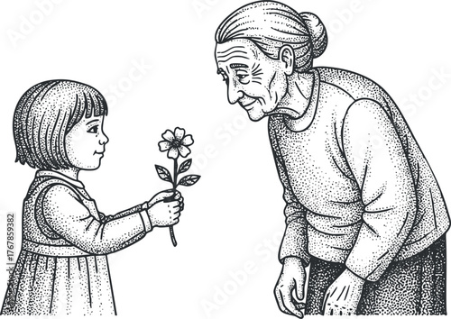 A heartwarming illustration of a girl giving a flower to an elderly woman.