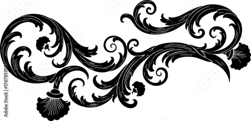 Elegant black ornate flourish with swirling vines and floral accents, perfect for decorative borders and sophisticated designs