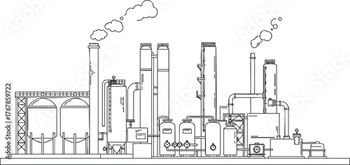 Illustration of an industrial factory with pipes and smoke in a line art style.