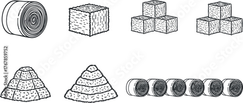 Illustration of various types of hay bales including round and square shapes.