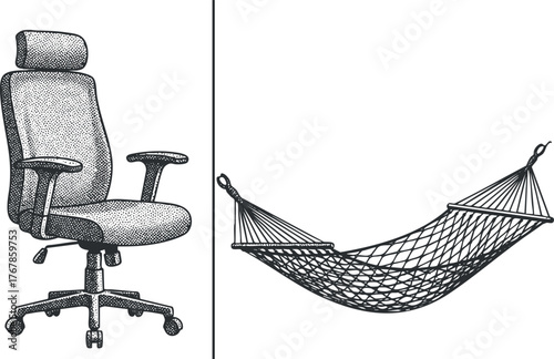 A comparison of an ergonomic office chair and a relaxing hammock for comfort and leisure.