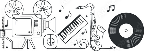 A creative illustration featuring musical instruments and film elements for entertainment and media.