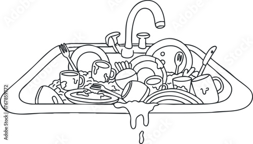 A messy kitchen sink overflowing with dirty dishes and utensils needing cleaning.
