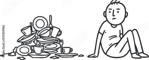 A cartoon illustration depicting a person overwhelmed by a pile of dirty dishes.