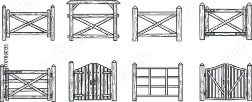 Collection of hand-drawn wooden fence and gate designs in various styles and shapes