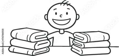 A cheerful child smiling while folding towels at home in a playful and organized manner.