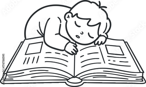 A cute illustration of a child sleeping on an open book, showcasing imagination and learning.