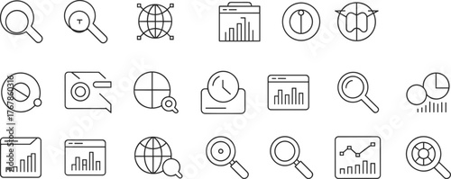 SEO and data analytics icon set, with magnifying glass, search symbols, web analytics, charts, and graphs for digital marketing, flat vector illustration
