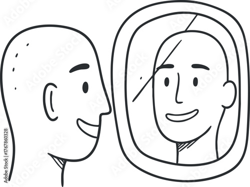 A cartoon illustration of a person smiling at their reflection in a mirror.