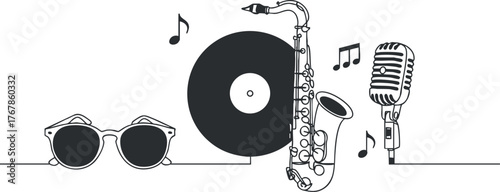 Illustration featuring musical elements including a vinyl record saxophone microphone and sunglasses.