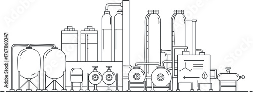 Illustration of industrial machinery and equipment in a factory or processing plant layout.