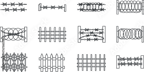 Collection of various fence and barrier designs including barbed wire and wooden styles.