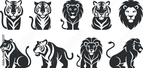 A collection of stylized tiger and lion illustrations in black and white for design purposes.