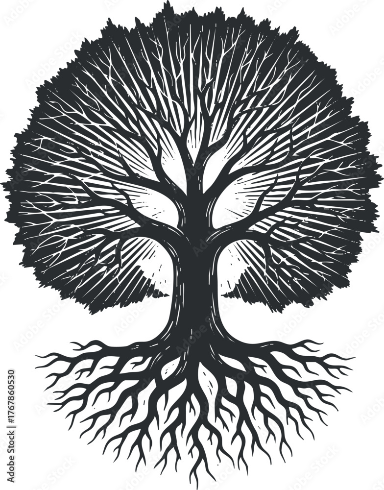 Naklejka premium A striking silhouette of a tree with intricate roots and branches representing nature and growth.