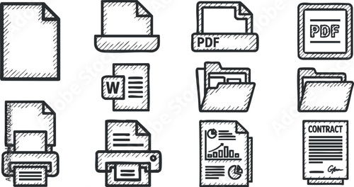 A collection of sketched icons representing various document types and printing themes for office use.