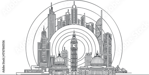 Stylized linear illustration of a modern city skyline featuring iconic buildings and landmarks.