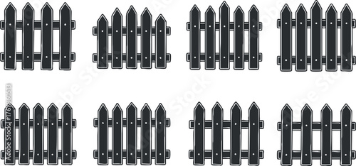 A collection of black picket fences arranged in a repeating pattern for design use.