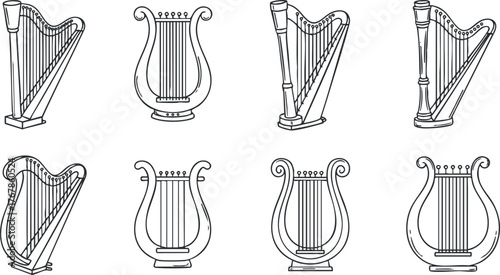 A collection of eight outlined harp illustrations showcasing various designs and styles.