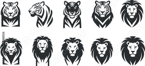 Collection of stylized animal heads featuring tigers and lions in black and white.