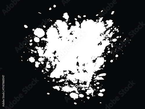 Abstract white paint splatters and drops on a black background texture effect