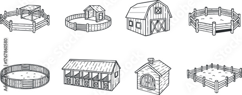 A collection of hand-drawn farm structures including barns fences and circular enclosures for livestock.